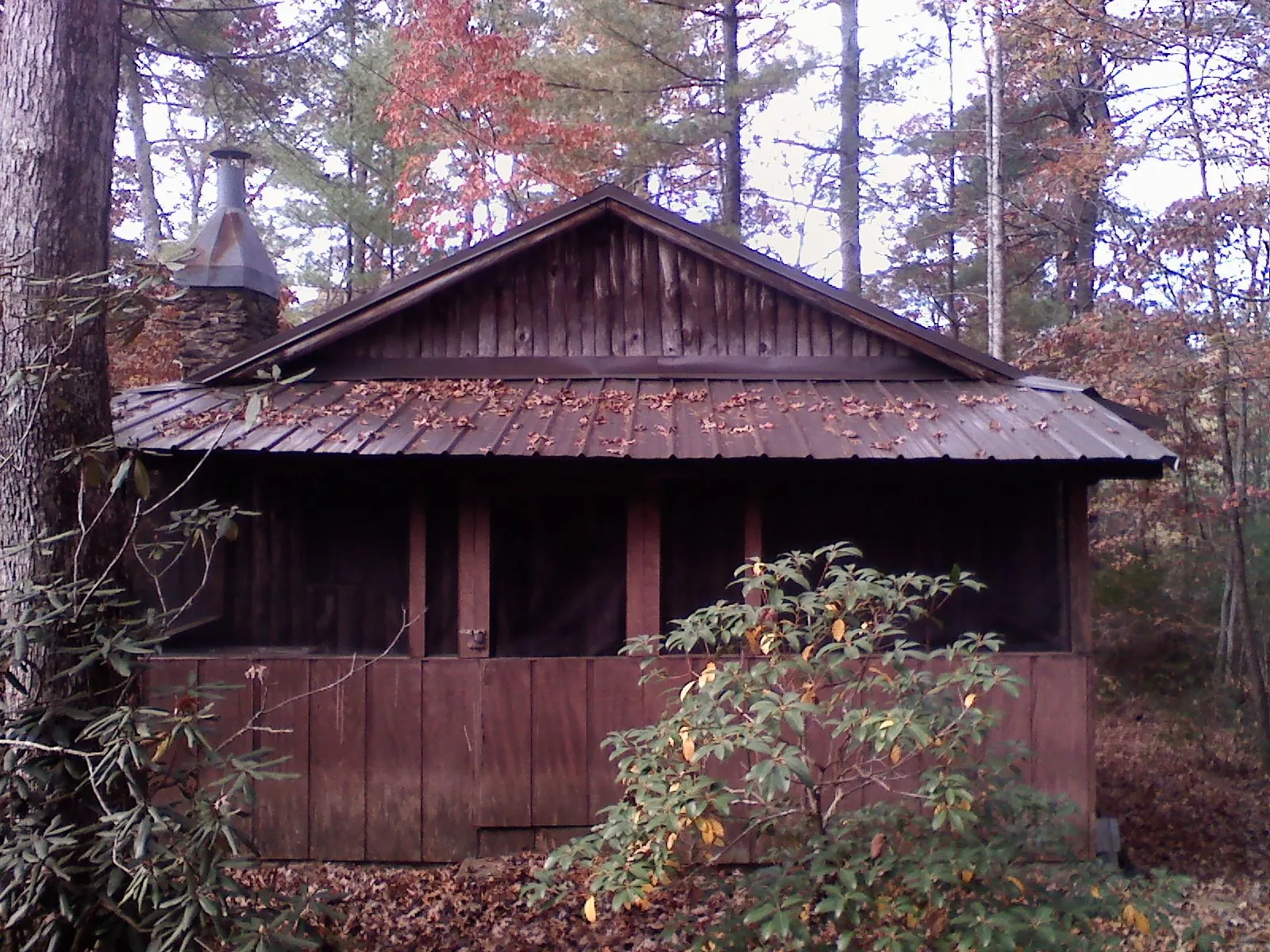 Metal roof over the screened porch of a rustic cabin in Paterson